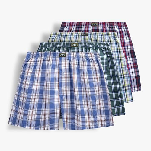 Mens Woven Boxer Shorts 100% Cotton with Covered Waistband Comfortable Loose Fit,Full Cut Classic Plaid Boxers 4 Pack Size Large (36-38)