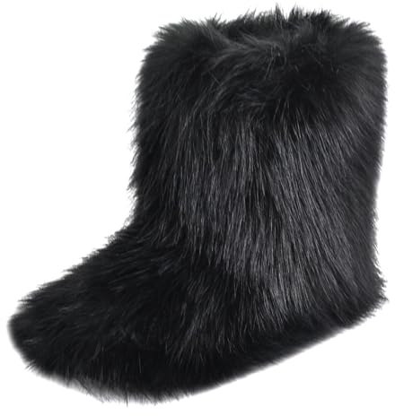 qenqenr Women's Fur Boots - Knee-High Faux Fur Winter Snow Boot with Fluffy Lining, Warm Comfy Round Toe Flat Fluffy Shoes Outdoor,Long Furry Boots for Girls