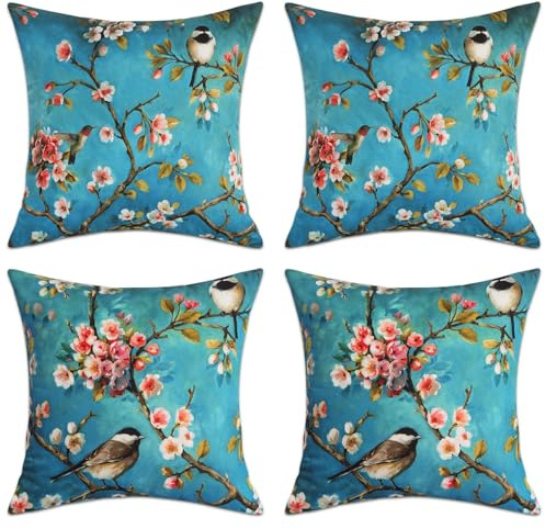 Betadistor Blue Cushion Covers Set of 4, 45cm x 45cm Modern Birds Print Decorative Throw Pillow Cases Home Decor Square Cushion Cover 18x18 Inches, 511-0217