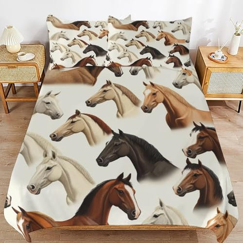 Set di biancheria da letto con cavallo, per adulti, bambini, decorazione morbida, con chiusura lampo e 2 federe