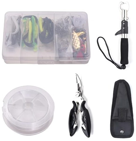 SOUUXIU 156 PCS Fishing Lures Baits Tackle Set with Soft Bait, 100m Nylon Line, Metal Fish Controller for Freshwater and Saltwater Fishingwith Fishing Tool Kit (T19063)