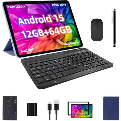 TUOHAITIME Android 15 Tablet, 12GB+64GB+1TB Expand, 10inch Tablet Bundle with Keyboard Case, Stylus Pen, Octa-core CPU, Dual Camera, WiFi6, 6000mAh Battery+18W Fast Charge, Support Face Unlock,Blue