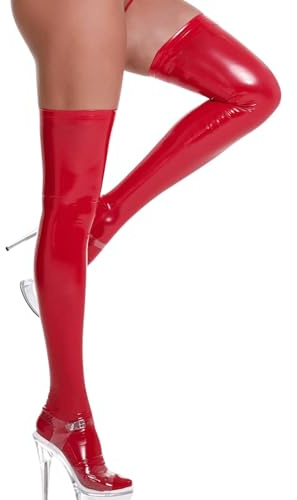 Womens Patent Leather Over Knee Stockings Wet Look Slim Fit Thigh High Stockings Shiny Cosplay Sexy Socks for Halloween Costume Party Dance Clubwear Lingerie (UK, Alpha, XL, Regular, Regular, Red)