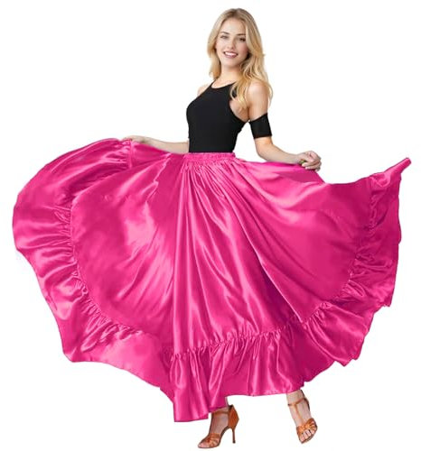 Baisdan Damkjol i satin med volanger för magdans, flamenco, mexikansk folklorica och spansk tjurdans, Röd ros, one size