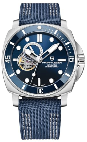 Pagani Design Watches for Men Skeleton Dial Automatic Watch Tourbillon Men Mechanical Wristwatches Stainless Steel 200M Waterproof Sapphire Crystal Leather Strap (All Blue)