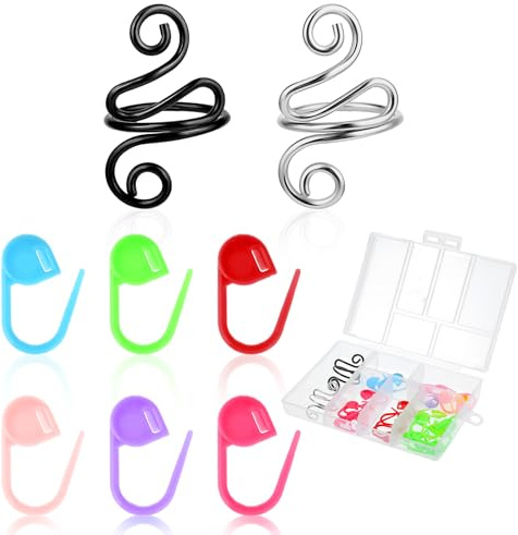 Nogeqi 2PCS Crochet Ring with 60PCS Stitch Markers, Adjustable Crochet Tension Ring Knitting Markers with Box, Handmade Knitting Accessories Gifts for Crocheters Mom Grandma