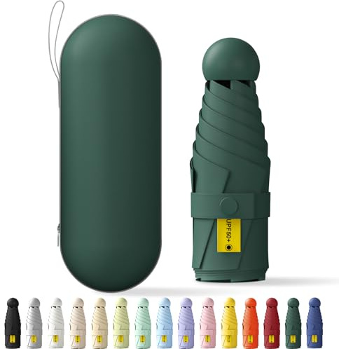 FWHFNB Mini Paraguas Plegable,Paraguas para el Sol,Paraguas de Viaje,con Cubierta de Cápsula,Resistente al Viento y a Los Rayos UV Para Viaje,Hombres y Mujeres (Verde oscuro)