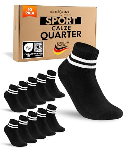sockenkauf24 10 Paia Calze Sportive Uomo Calzini Tennis Corte Quarter Sport Socks Spugna Rinforzati Nero Strisce 43-46