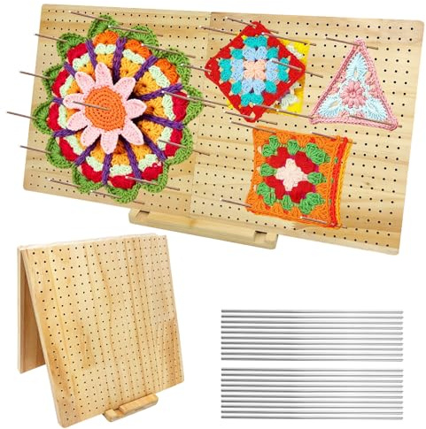 Granny Square Grand tendeur carré avec 20 tiges en acier inoxydable et 1 support, 58 x 29 cm, pliable, planche à crochet, en bois, pour tricot, crochet, accessoires
