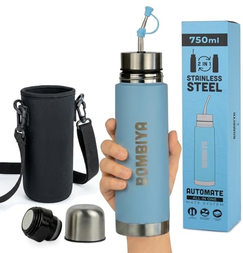 Mate listo 750ml con todas sus partes de acero inoxidable – Termo mate 2 en 1 cambiando su tapa es un termo clásico – Automate para tus mates argentinos o terere (Celeste)