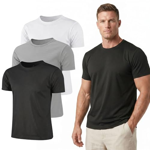 TALALAAZM Men's Athletic Running T-Shirts, 3 Pack Quick Dry Moisture Wicking Breathable Mesh Lightweight Slim Fit Stretch Workout Fitness Short Sleeve Sports Tops