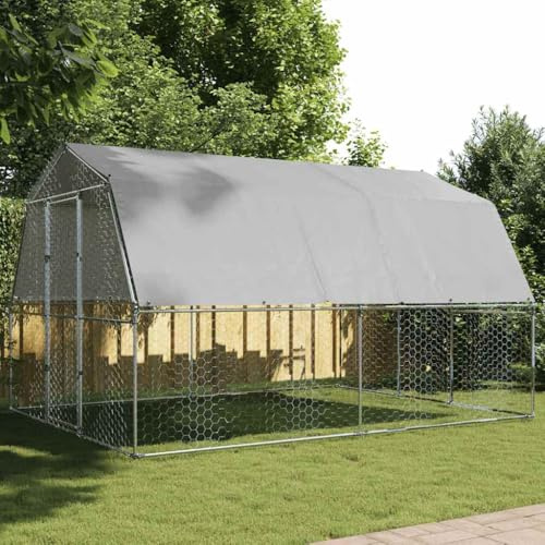 QUAHEAS Chicken Enclosure Made of Silver Galvanised Steel with Waterproof Polyethylene Roof and Lockable Door, 375 x 285 x 230 cm, Weatherproof Small Animal Hutch for Chickens, Rabbits, Guinea Pigs