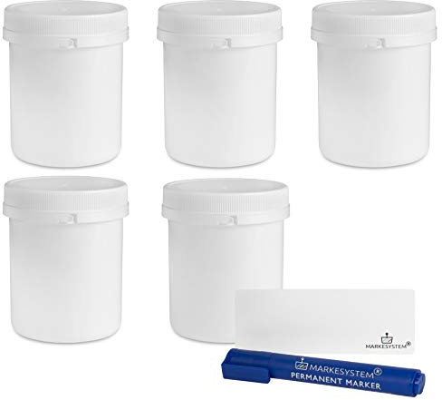 MARKESYSTEM - Barattolo bianco da 1 litro con disco e sigillo di sicurezza - (5 barattoli)- Contenitore di plastica con coperchio a vite - Uso alimentare, cosmetico e industriale + kit etichettato