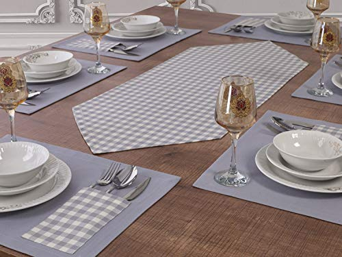 Tropik Home Table runner and 6 place-mats with cutlery insert in classic gingham patterns (Gingham Grey)