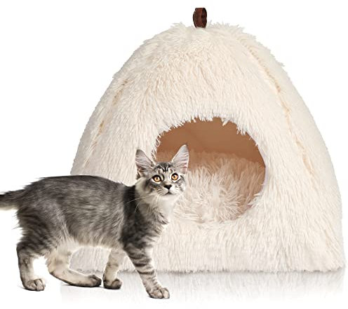CATISM Katzenbett Waschbar Katzenschlafplatz für Katzen Katzenhöhle Plüsch Haustier Katzenkopfkissen Katzenhaus Katzenkissen Flauschiges Kätzchen Welpen Kuschelbett Haustierbett Weiß