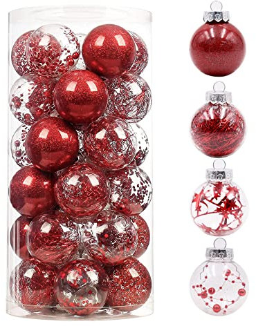 24 Piezas Bolas de Navidad,60mm/2.36 Bolas Arbol de Navidad Rojo,Decoracion Arbol Navidad,Navidad Esferas de Plastico,Decoraciones para el árbol de Navidad