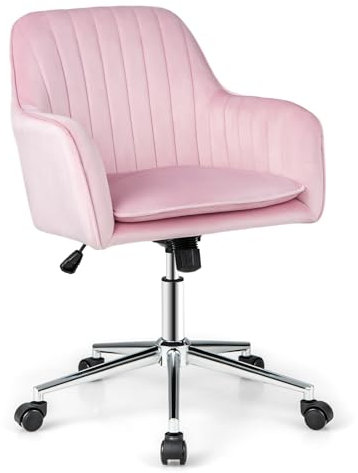 COSTWAY Velvet Office Chair, Ergonomic Swivel Computer Desk Chair Leisure Vanity Armchair with Rocking Function, Height Adjustable Mid-Back Rolling Executive Task Chairs for Home Office (Pink)