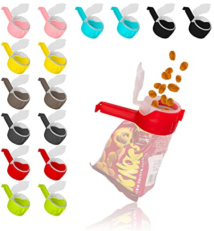 Fino Casa Juego de 16 Clips de Cierre con dispensador, Clip de Cocina, Clips para Bolsas, dispensador de Aperitivos, Clips para Bolsas, Clip de Cierre, Clip para Bolsas