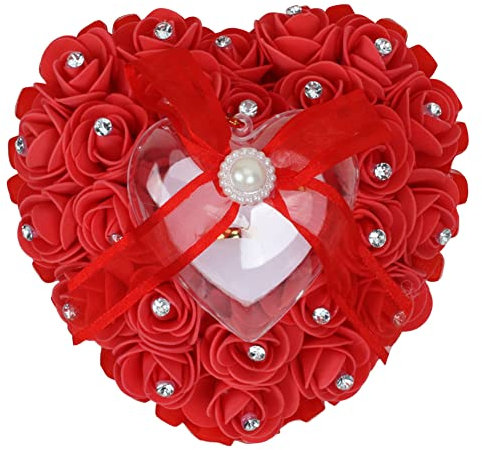 LICHENGTAI Ringkissen, Elegant Herzform Hochzeit Ringhalter mit Satin Blumen und Schleife, Romantische Herzförmige Eheringbox Hochzeitsringkissen für Eheringe Verlobung