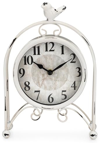 Westclox Vintage Style Bird Table Clock – Decorative Metal Desk Clock, Battery Powered, Retro Home Accent for Living Room, Bedroom, or Office (White)