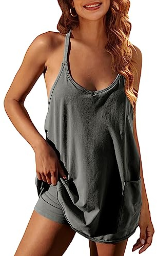 Zhiyouni Women's Summer Sleeveless Mini Dress V Neck Spaghetti Straps Athletic Built-in Shorts Sundress(Darkgrey-M)