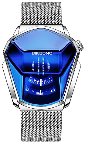 FANMIS Creative Men’s Digital Electronic Watch Fashion Stainless Steel Silver Waterproof Bracelet Plated Watches Cool Cyberpunk Style Watch for Men (Z Silver Blue)