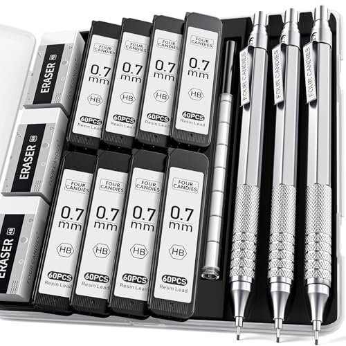 Four Candies 0,7mm Druckbleistift-Set mit Etui, Metall-Künstlerbleistift mit 8 Röhren (480 Stück), HB-Minenminen, 3 Radiergummis, 9 Radiergummi-Nachfüllungen Ingenieure, Schreiben, Zeichnen, Silber