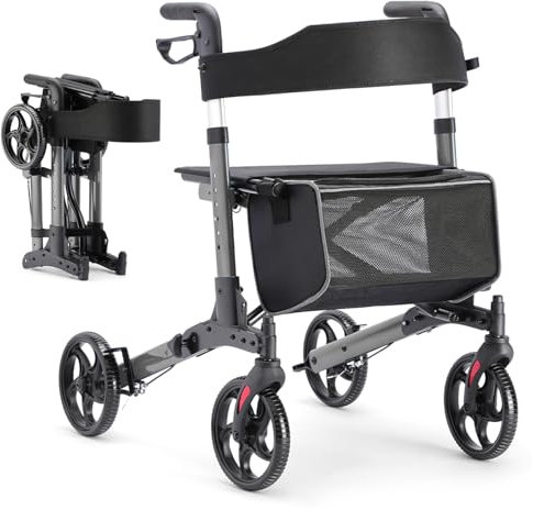 HEAO Rollator faltbar und leicht mit sitz, Aluminium rollatoren für senioren,Reiserollator 6-fach höhenverstellbar, Gehwagen mit abnehmbare Einkaufstasche & rutschfesten Rädern,Grau