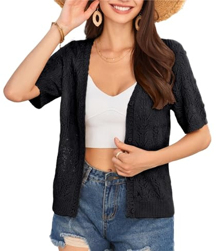 GRACE KARIN Women's Cardigan Short Sleeve V-Neck Button-Up Summer Sweater Hollow Out Crochet Knitwear Black M