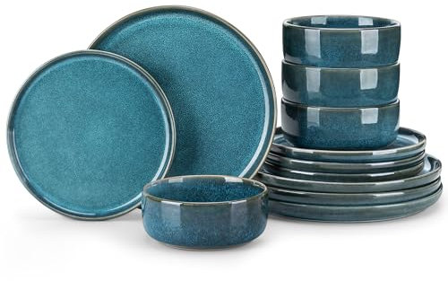 vancasso Juego de Vajilla de 12 Piezas para 4 Personas, Esmalte Reactivo Azul, Vajillas Completas de Gres con 4 Platos Llanos, 4 Platos de Postre y 4 Cuencos de Cereales, Serie VEGA