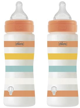 Chicco Set mit 2 Perfect Easy Fast Flow Flaschen, Anti-Colic Bibern, reduziert Aufstoßen und Reizbarkeit, 330ml Plastikflasche, Geschenkset, Sparpaket, 4 Monate+, Baby