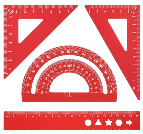 PATIKIL Set di Squadra Triangolare, Righello Metrico 20cm in Alluminio, Squadra Triangolare 45°60° e Goniometro, 4Pz, Rosso