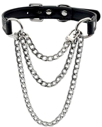 EverGlimp Handmade Black Vegan Leather Choker Collar For Women, Adjustable Triple-Layer Slip Chain Necklace
