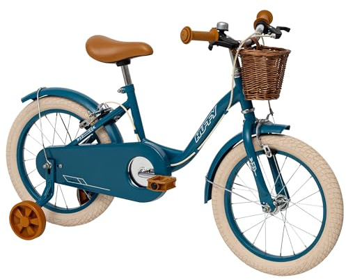 Vintage 16 Inch Childrens Bike, Emerald Blue Retro Bicycle with Stabilisers, Adjustable Seat, Dual Hand Brakes, Classic Cruiser Style for Ages 5 to 9