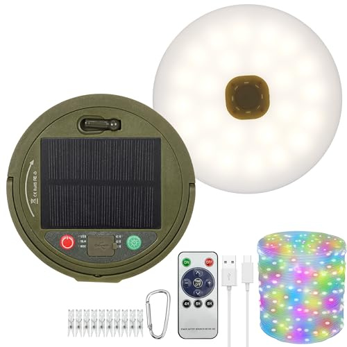 plainshe 10 m solcellsslinga rullbar, USB-uppladdningsbar 1 800 mAh, 8 belysningslägen, IP44 stänksäker och stuvbar, bärbar för camping, tält (RGB/sol och USB-laddning)