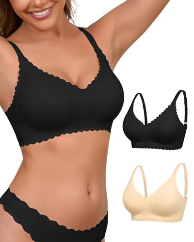 SHARICCA 2er Pack BH Damen ohne Bügel Blütenblatt Design Softschalen Bustier High Elastizität Bequem Seamless Bra(Schwarz Beige-2P01-L)