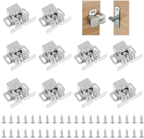 10 Pcs Double Roller Catch, Cabinet Door Latch Zinc Plated Cupboard Twin Roller Catch for Furniture Wardrobe, Cupboard & Drawer Doors, Includes 40 Screws, Durable, Silent & Easy to Install