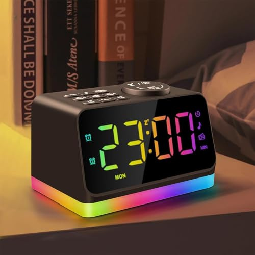 Digital Alarm Clock Radio for Bedroom - 8 Colour Night Light (0-100% Dimmable), Dual Alarm with 7 Alarm Sounds, Flexible Sleep Timer (10-480 Mins), 2 USB Charging Ports, Reliable Mains Operated