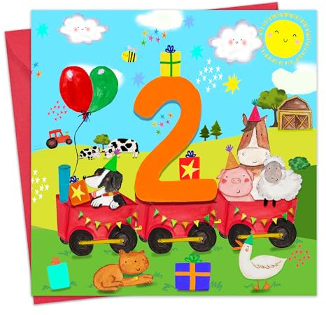 Twizler Carte d'anniversaire 2 ans pour garçon - Carte d'anniversaire pour garçon - Train d'animaux de la ferme