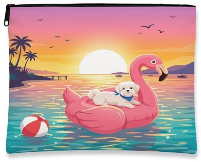 Funny Maltese Dog Makeup Bag, Flamingos Lifebuoys Sea Cosmetic Travel Pouch for Women, Portable Small Canvas Zipper Organizer, Pet Toiletry Bag 7x9 Inch