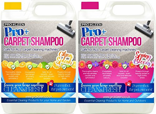Pro-Kleen Pro+ Carpet and Upholstery Cleaning Solution – 4 in 1 Concentrate Carpet Shampoo – Suitable for all Machines 5L (Citrus Splash) 5L (Spring Bloom)