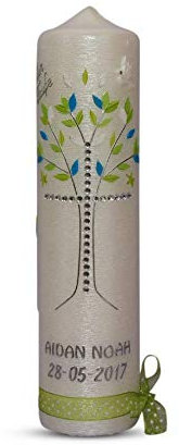 Lebensbaum-Grün Blau 1 Kerze 24x6 cm zur Taufe Konfirmation Kommunion Firmung = Taufkerze Konfirmationskerze Modern und klassisch Stumpe mit Namen und Datum für Mädchen Junge Weiss Perlmutt