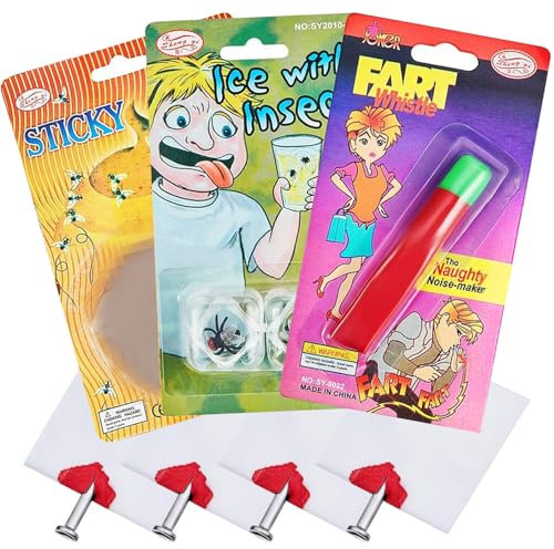 Gejoy 8 Stücke Klassisches Witz Spielzeug Set, Einschließen 5 Stück Gefälschten Nagel durch Finger, Eiswürfel Fliege, Furz Pfeifen