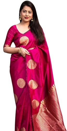C J Enterprise KeriGola Damen-Sari aus reiner Banarasi-Seide, Kanjivaram-Stil, mit Bluse, für Hochzeit, Pink, Einheitsgröße