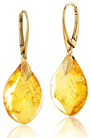 Amber by Mazukna - Bernstein Ohrringe Cognac - Elegante Bernstein-Schmuck, Hngend mit goldenem Fitting fr Damen, Tropfenfrmige Ohrringe, 43x15mm 5,5g