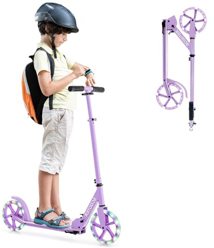 KOMFOTTEU Scooter Tretroller Klappbar, Cityroller Kickscooter mit 2 LED Rädern & Tragegurt, ‎Roller aus Aluminium, Kickroller Roller höheverstellbar für Kinder & Erwachsene bis 110 kg (Lila)