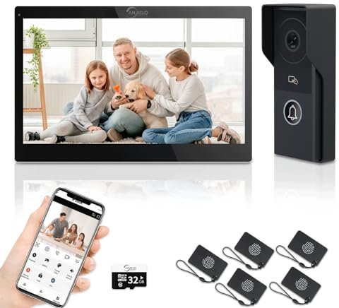2-cable de vídeo timbre de la puerta del sistema de intercomunicación con cámara de 1080P y 10 pulgadas de pantalla táctil, WiFi kit de teléfono de la puerta de vídeo (Black)