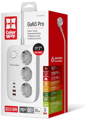 ColorWay GaN3 Pro Steckdosenleiste, 3 Steckdosen, 4 USB-Anschlüsse, 2m Kabel, QC3.0 & PD3.0, 65W, Weiß