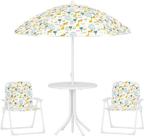 AIYAPLAY Set da Giardino 4 Pezzi per Bambini con Motivo a Giraffa ed Elefante e Tavolino Rotondo, 2 Sedie Pieghevoli e un Ombrellone, Tavolino con Sedie per Bimbi 2-5 Anni da Esterno, Bianco