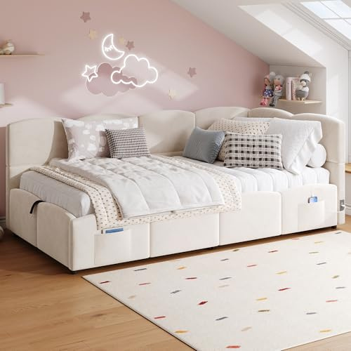 3ft Single Daybed with Hydraulic Storage and USB Charging, Functional Upholstered Ottoman Bed with Wooden Slats, Velvet Gas Lift Storage Bed Frame Sofa Bed Guest Beds Children Beds, No Mattress, Beige